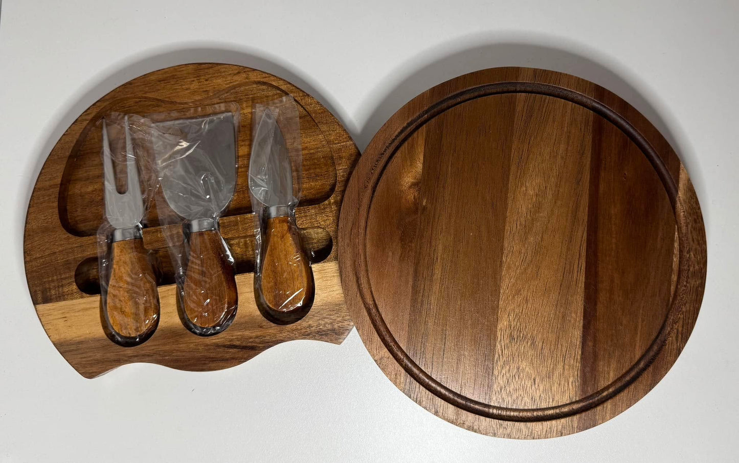 Set of 4 Monogram Round Swivel Top Charcuterie Board and Utensil Sets