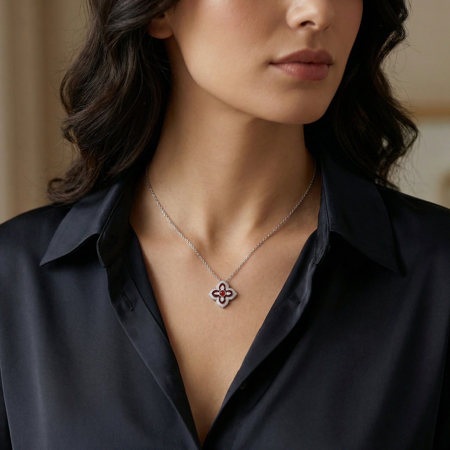 Floral Fire Flower Carnelian and Pave' Diamond Pendant Necklace