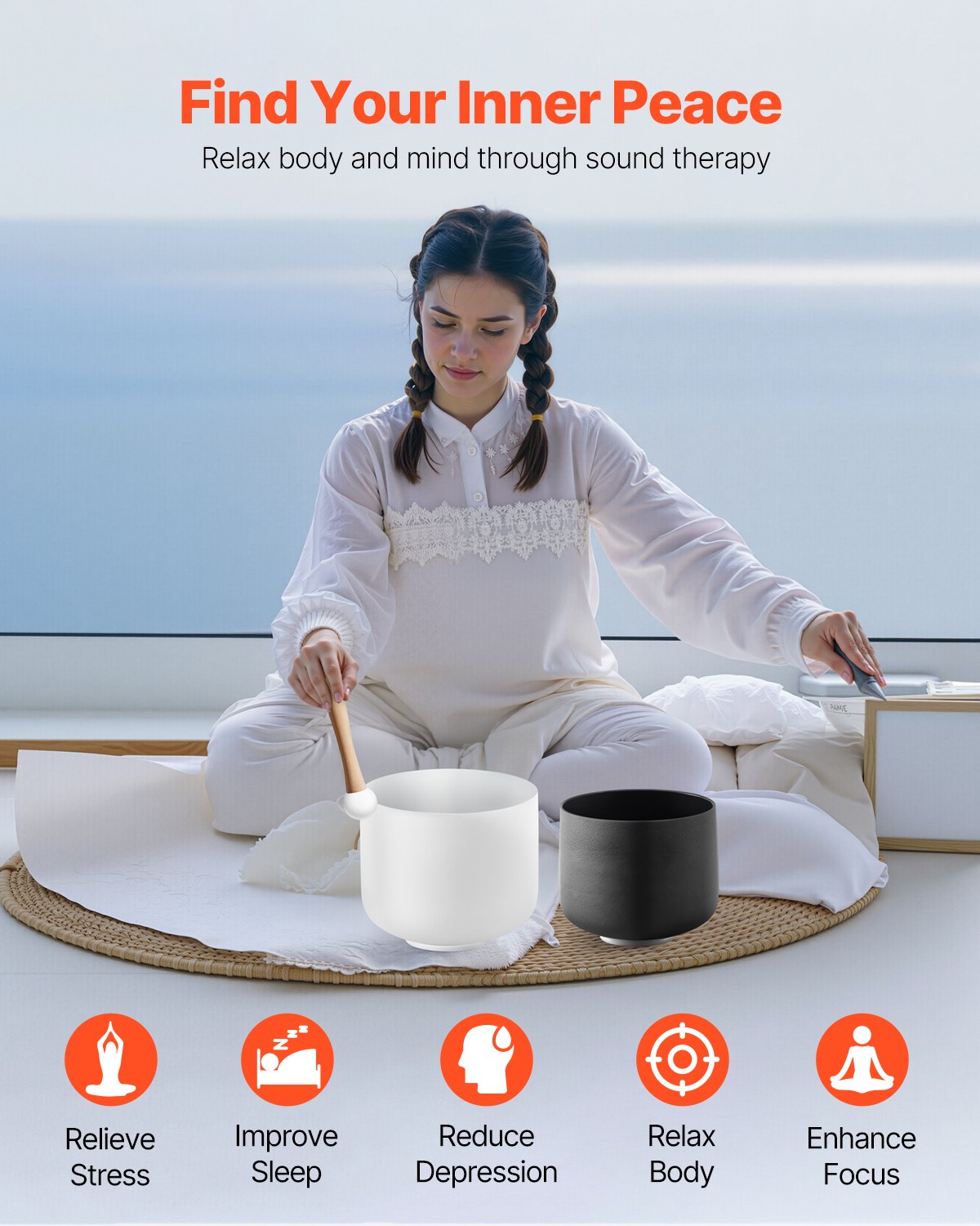 2PCS Crystal Singing Bowls, 8-inch And 10-inch A & F Note Singing Bowls, Frosted Quartz With 10" Carrying Bag, 1 Rubber Mallet And 2 O-Rings