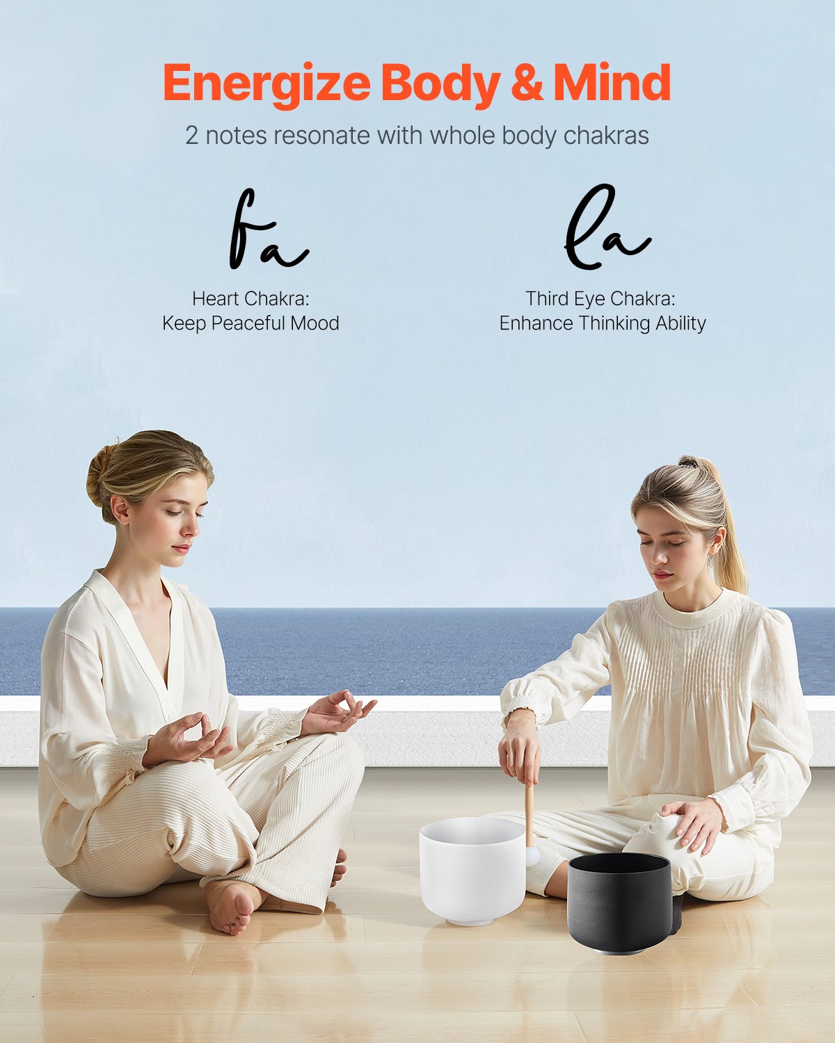2PCS Crystal Singing Bowls, 8-inch And 10-inch A & F Note Singing Bowls, Frosted Quartz With 10" Carrying Bag, 1 Rubber Mallet And 2 O-Rings