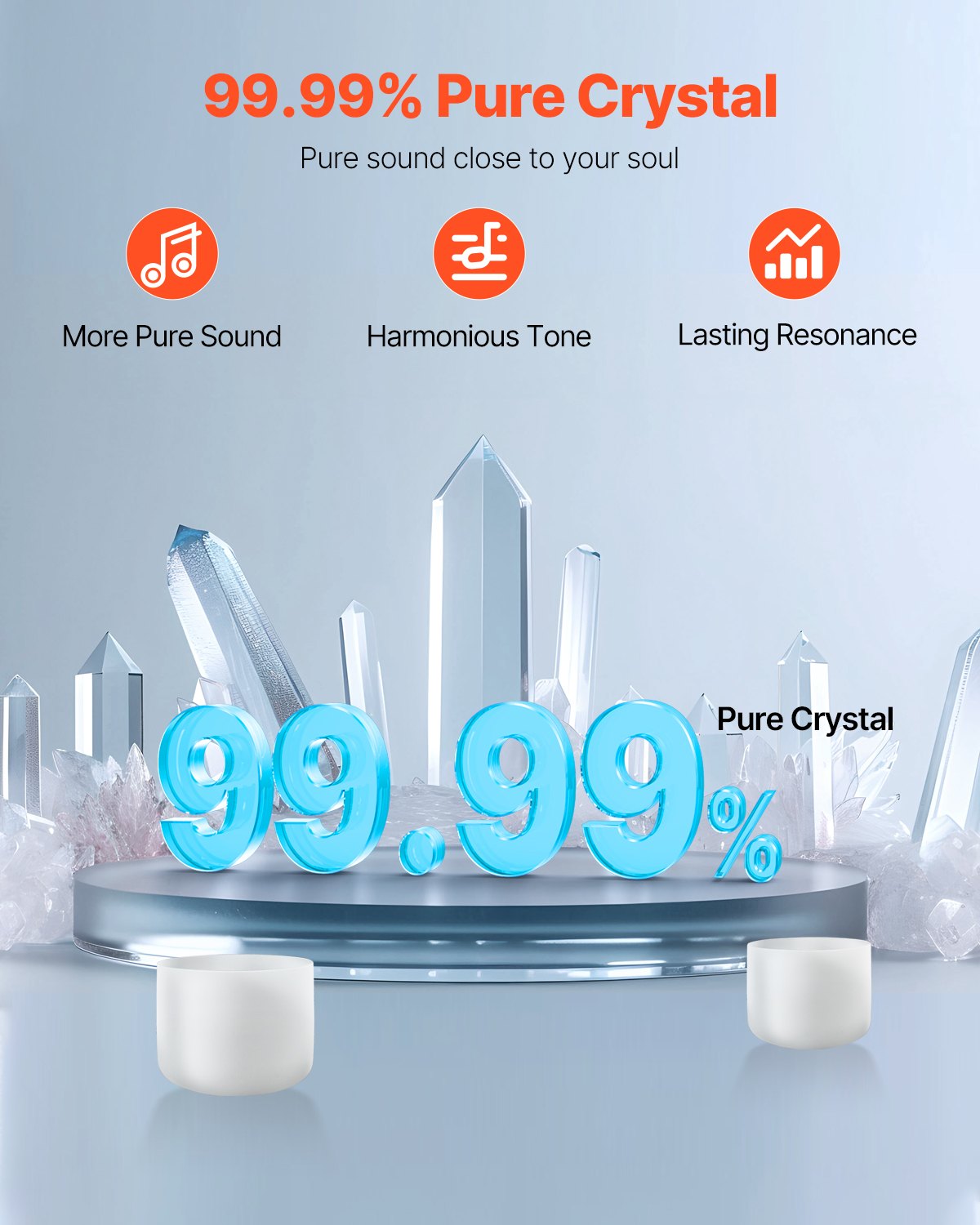 2PCS Crystal Singing Bowls, 8-inch And 10-inch A & F Note Singing Bowls, Frosted Quartz With 10" Carrying Bag, 1 Rubber Mallet And 2 O-Rings