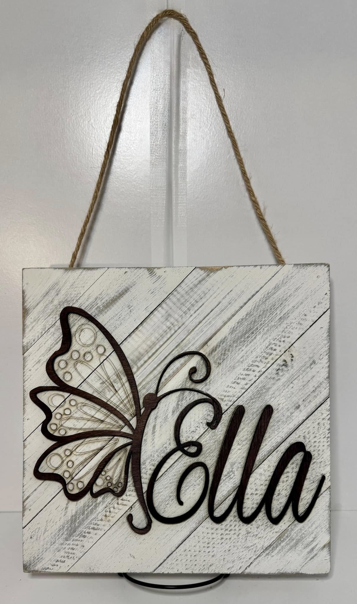 Butterfly Name Sign Whitewash Distressed Wood Personalized Wall Hanging 10”x10”