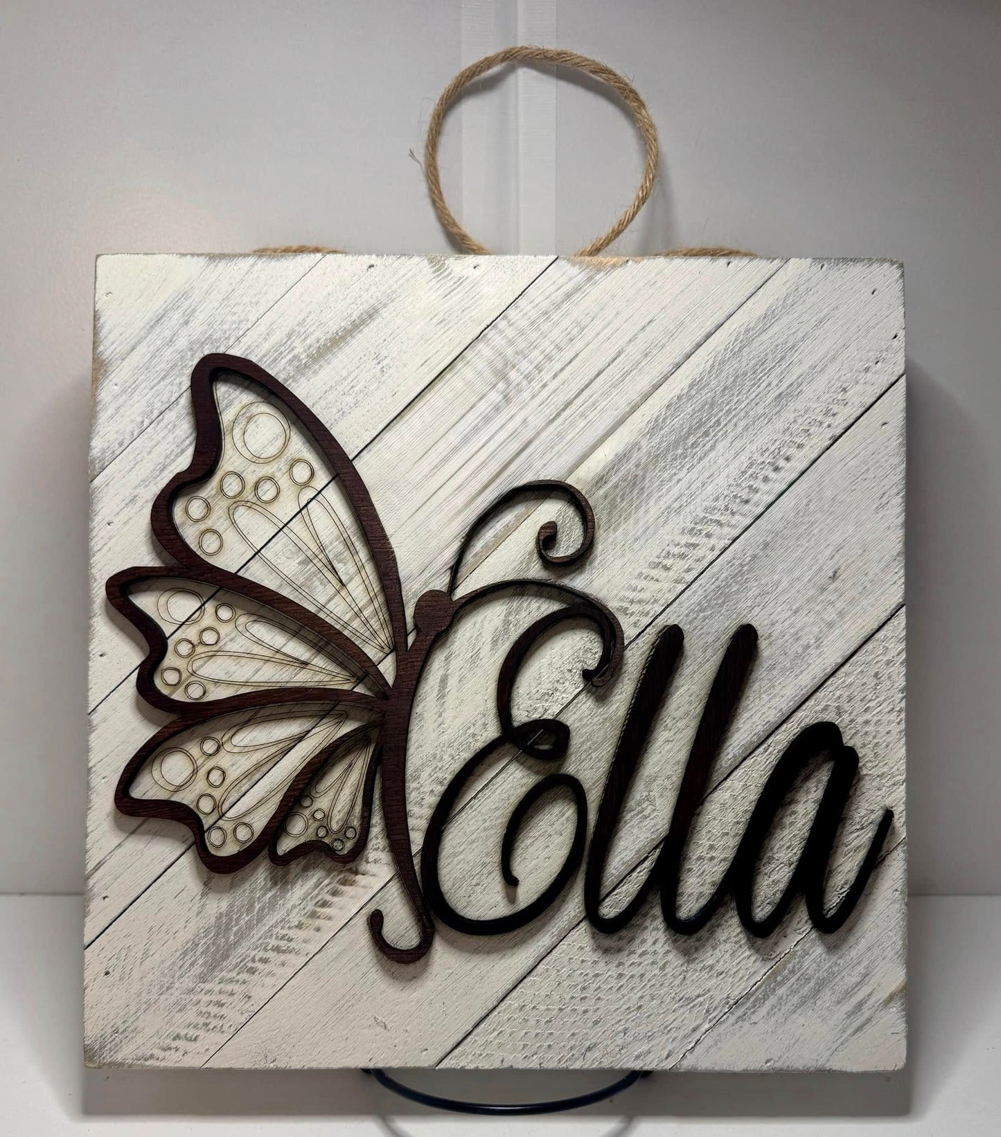 Butterfly Name Sign Whitewash Distressed Wood Personalized Wall Hanging 10”x10”