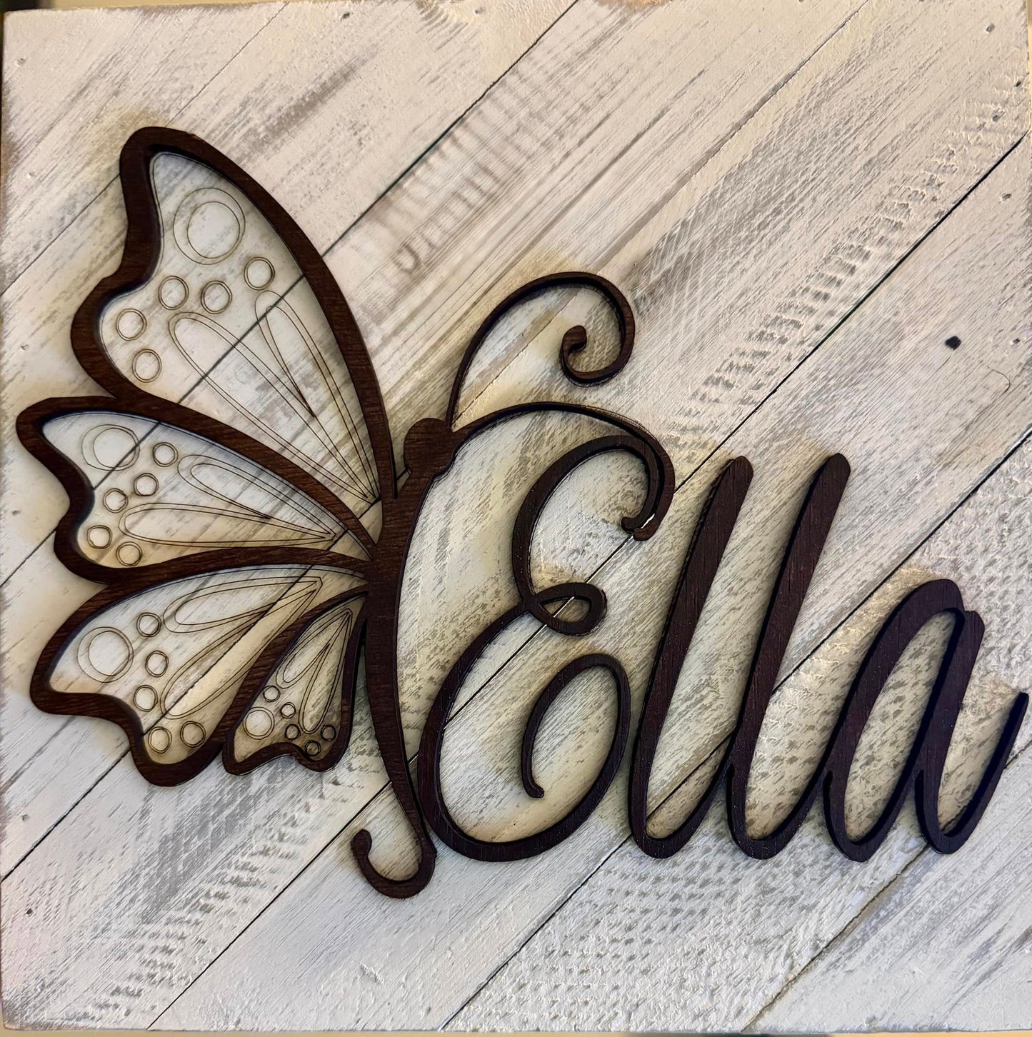 Butterfly Name Sign Whitewash Distressed Wood Personalized Wall Hanging 10”x10”