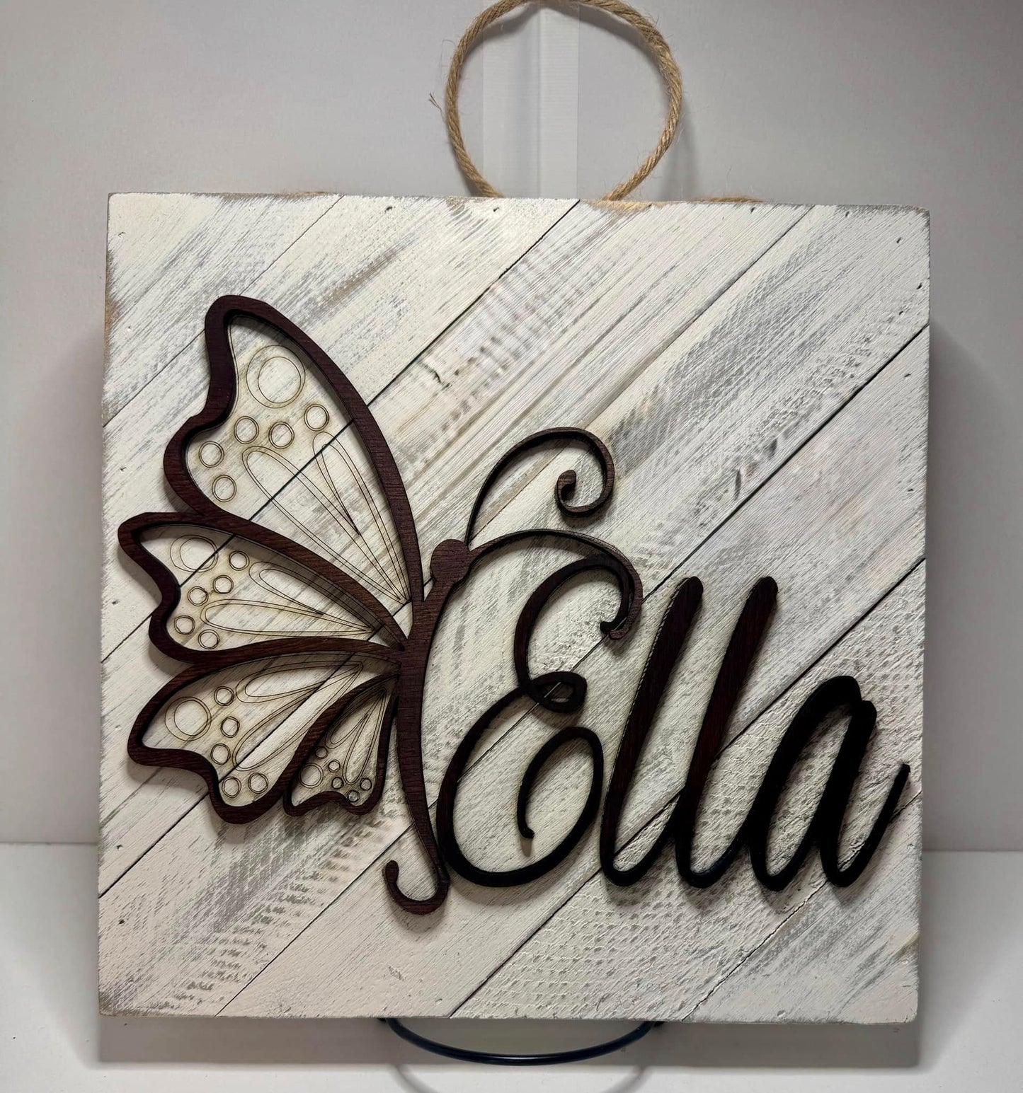 Butterfly Name Sign Whitewash Distressed Wood Personalized Wall Hanging 10”x10”