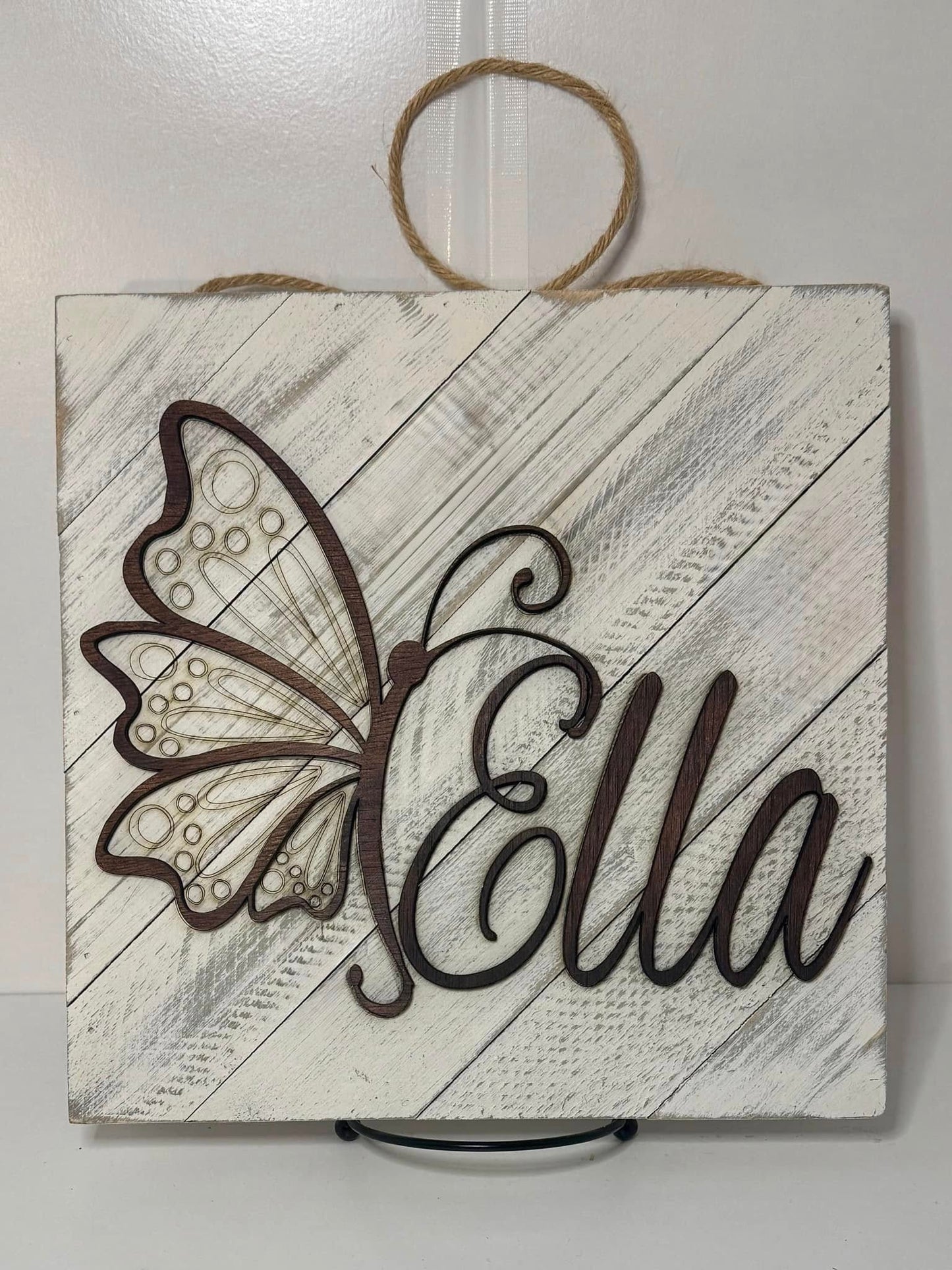 Butterfly Name Sign Whitewash Distressed Wood Personalized Wall Hanging 10”x10”