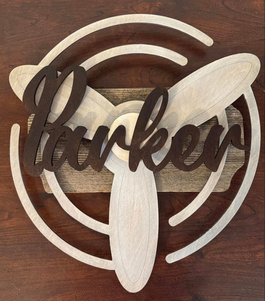 Whirling Propeller Name Sign Distressed Wood Personalized Wall Hanging 15”x15”