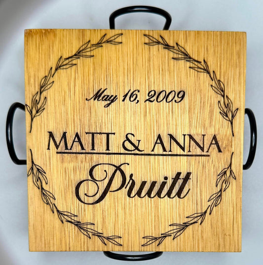 Personalized Wooden Coasters Optional QR Code Monogram Family Wedding Anniversary