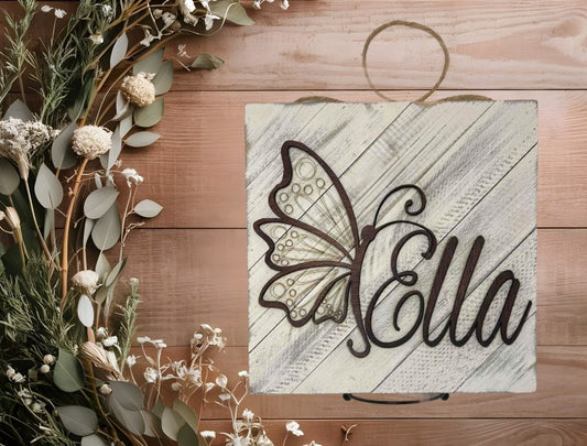 Butterfly Name Sign Whitewash Distressed Wood Personalized Wall Hanging 10”x10”
