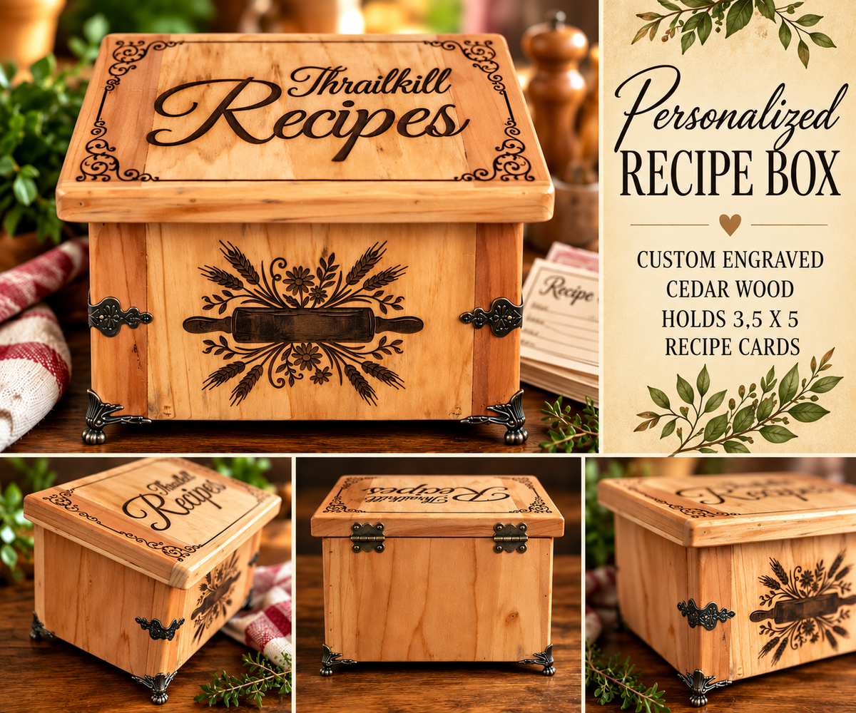 Personalized Cedar Custom Engraved Recipe Card Holder Box
