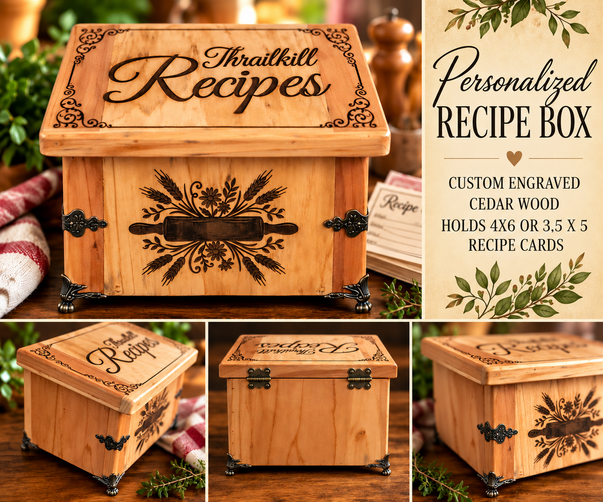 Personalized Cedar Custom Engraved Recipe Card Holder Box