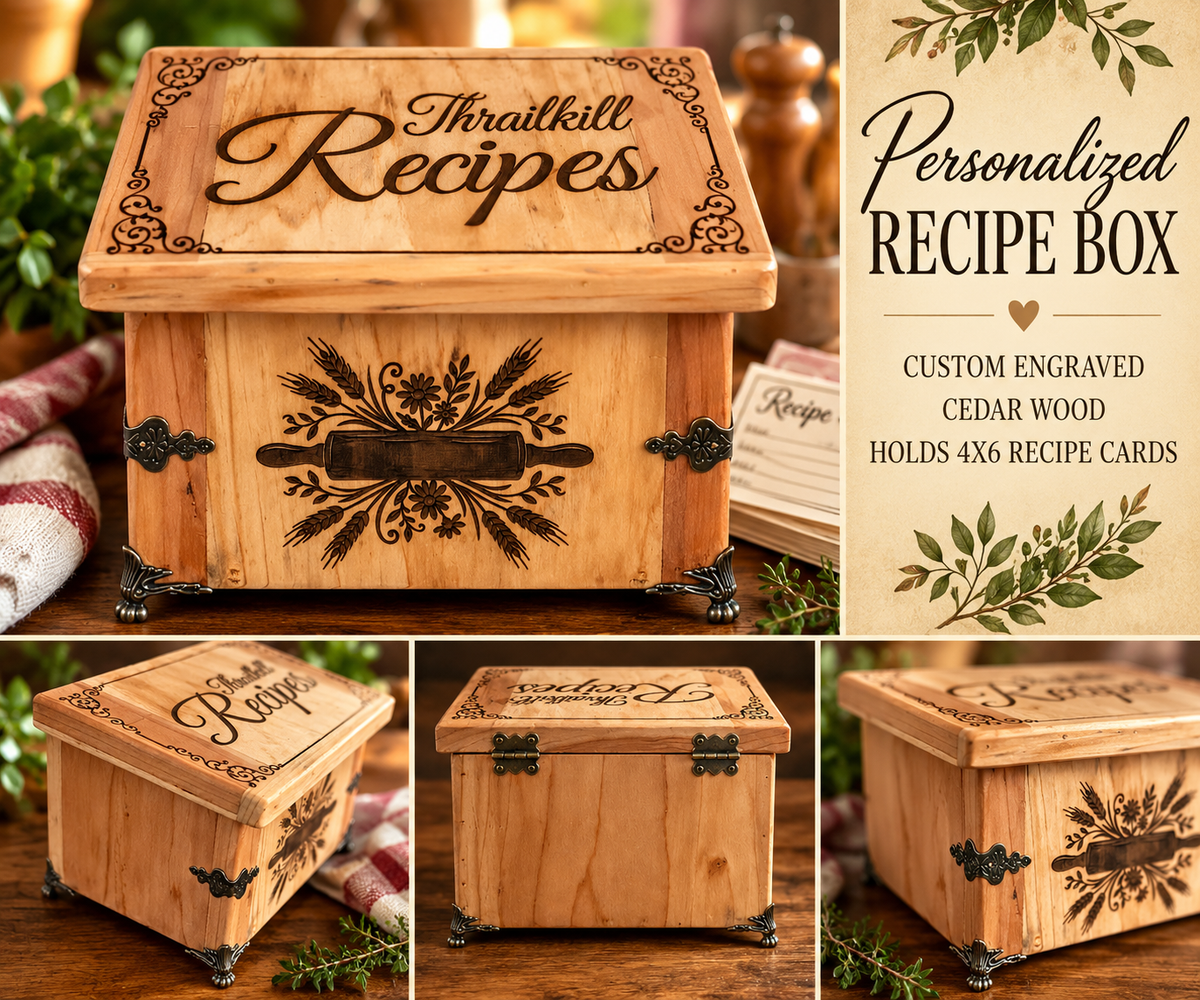 Personalized Cedar Custom Engraved Recipe Card Holder Box