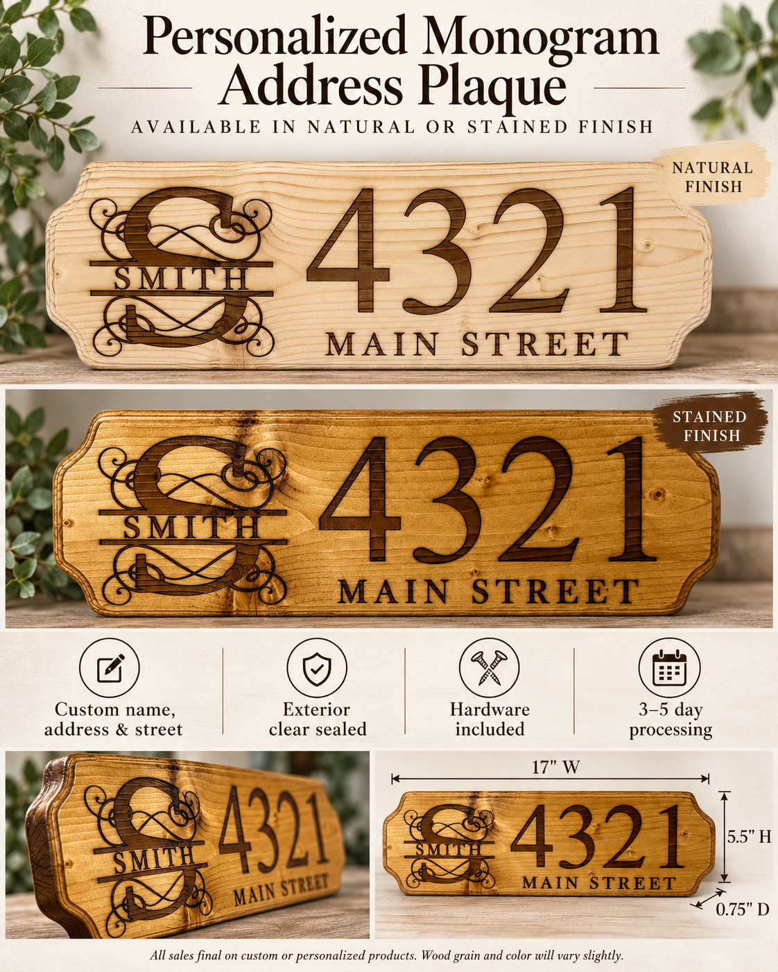 Monogram Name and Address Wooden Sign Plaque