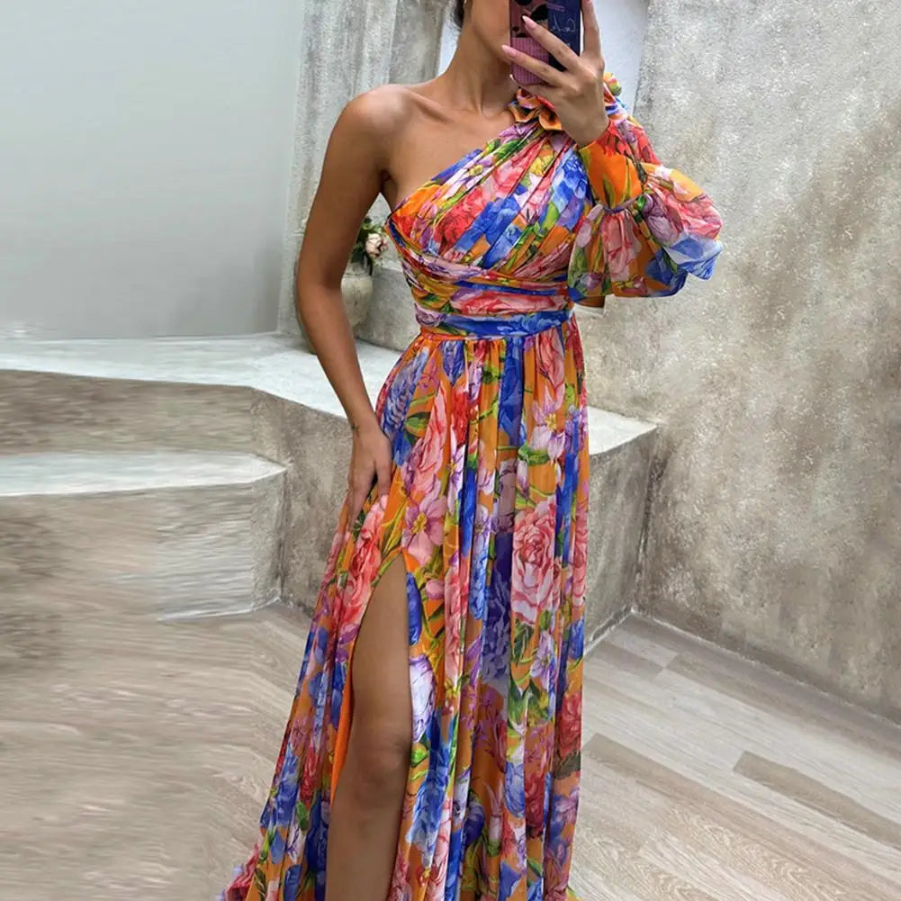 Off-the-shoulder Floral Print Maxi Dress with Side Split