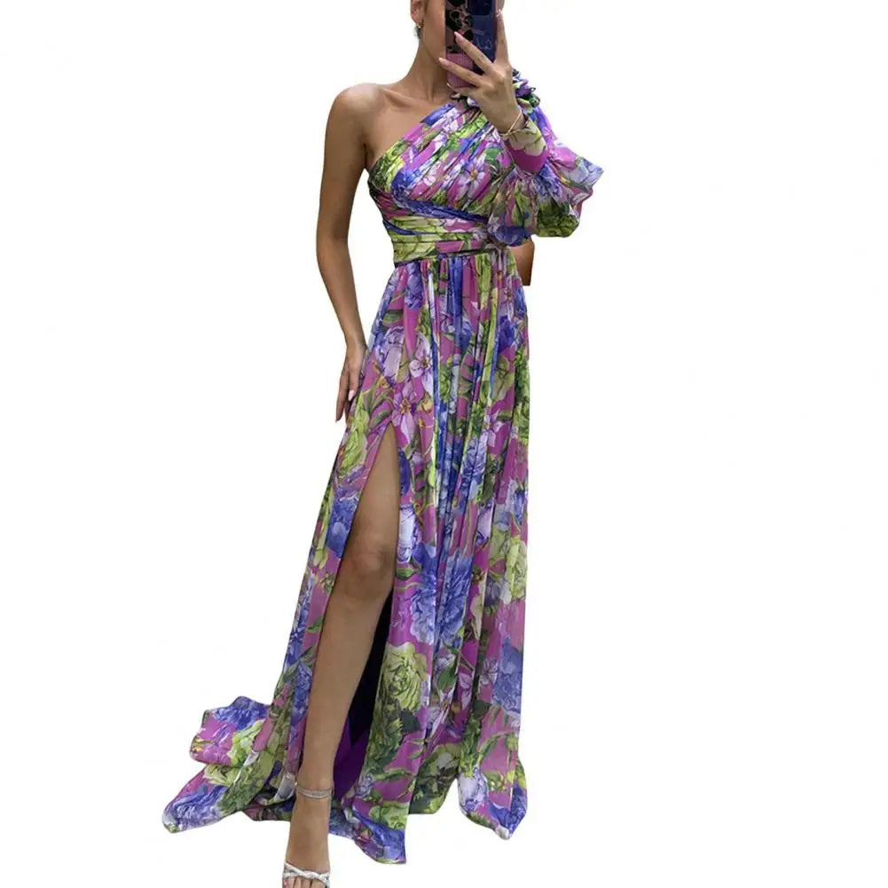 Off-the-shoulder Floral Print Maxi Dress with Side Split