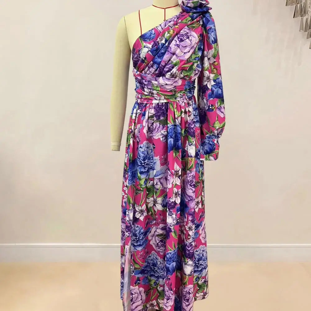 Off-the-shoulder Floral Print Maxi Dress with Side Split