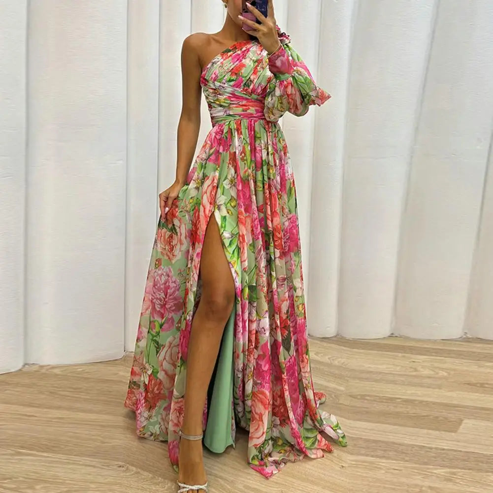 Off-the-shoulder Floral Print Maxi Dress with Side Split