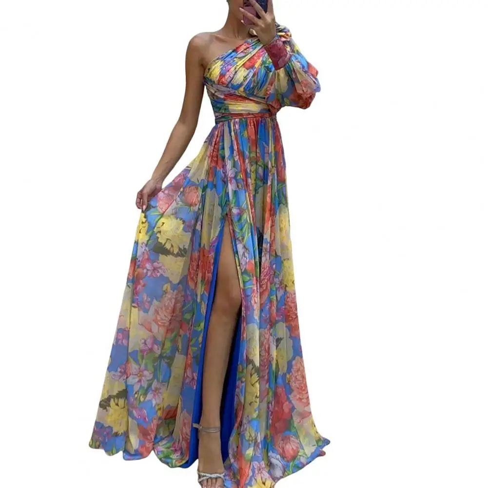 Off-the-shoulder Floral Print Maxi Dress with Side Split