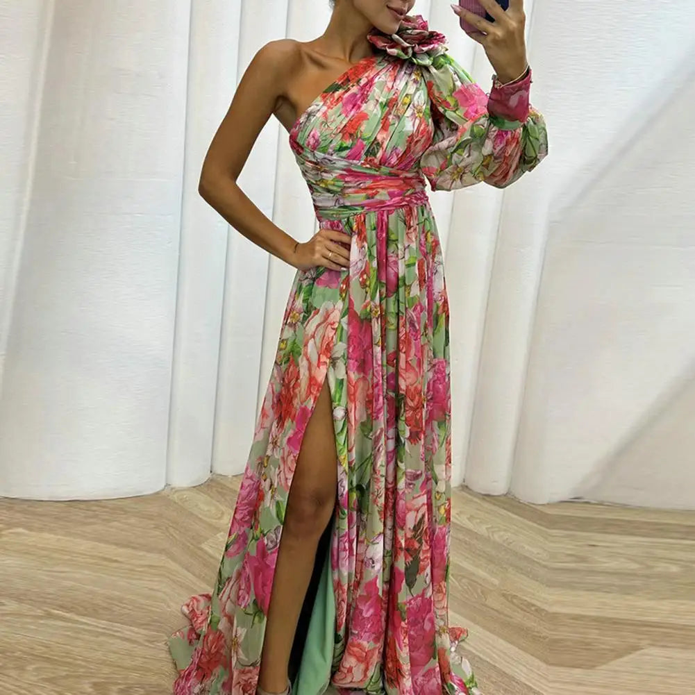 Off-the-shoulder Floral Print Maxi Dress with Side Split