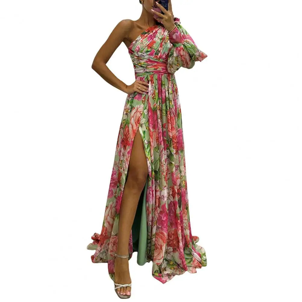 Off-the-shoulder Floral Print Maxi Dress with Side Split