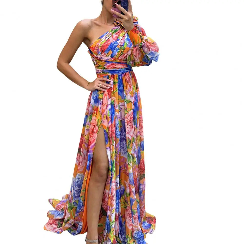 Off-the-shoulder Floral Print Maxi Dress with Side Split