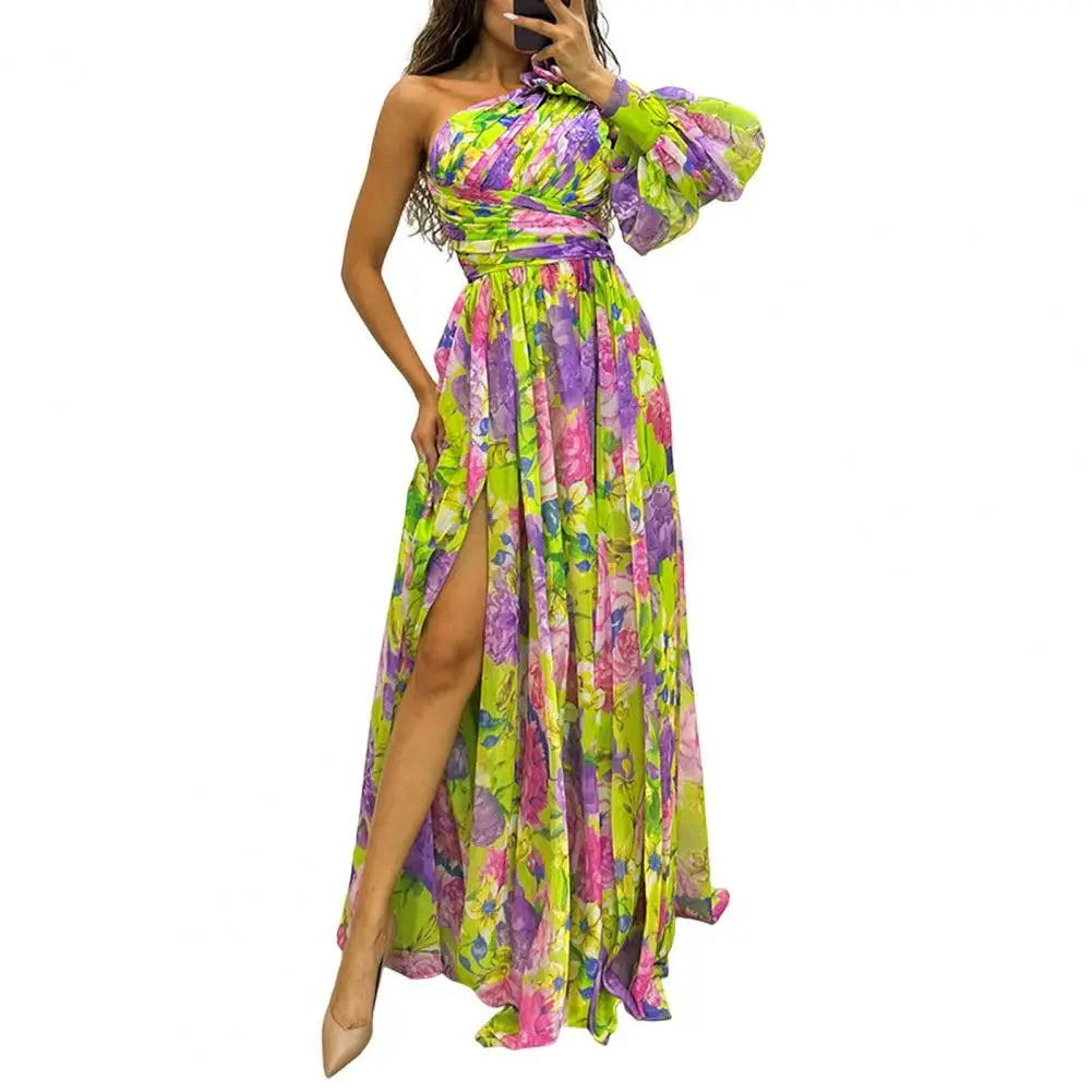 Off-the-shoulder Floral Print Maxi Dress with Side Split