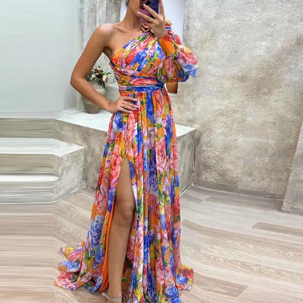 Off-the-shoulder Floral Print Maxi Dress with Side Split