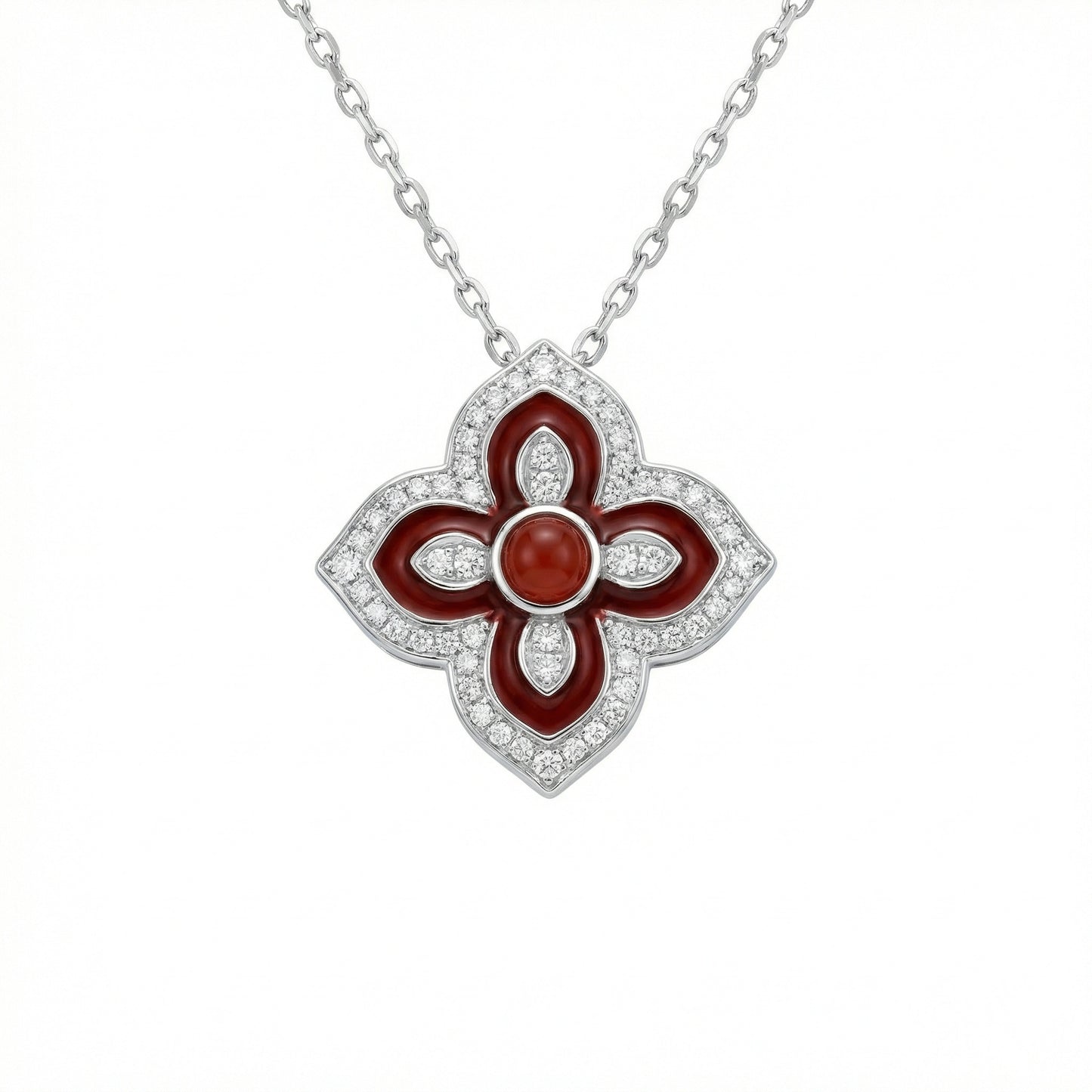 Floral Fire Flower Carnelian and Pave' Diamond Pendant Necklace