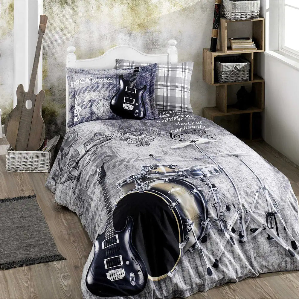 Hobby Rock Music Gray - Poplin Studio Single Duvet Cover Set